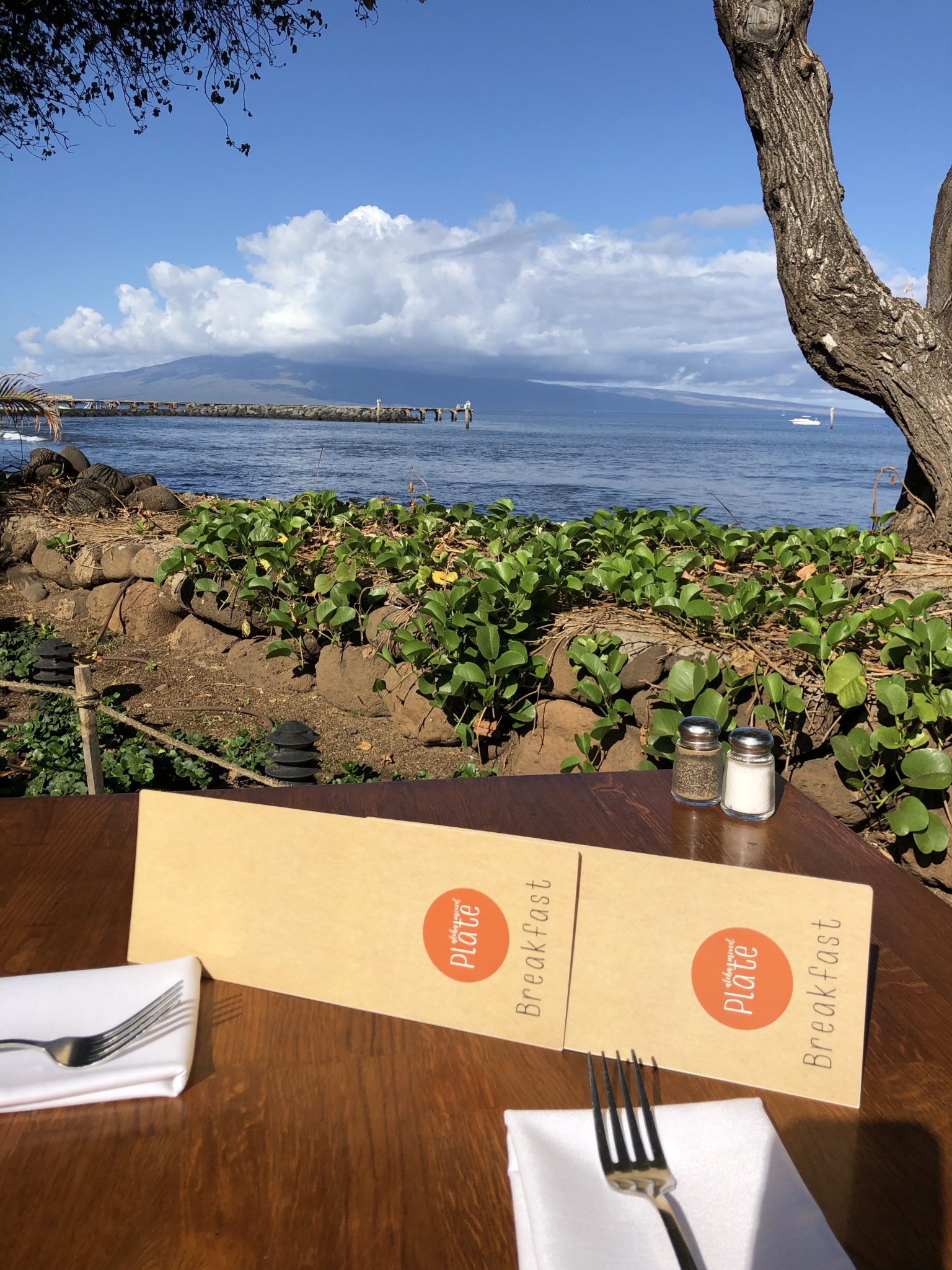 Menus on table, in front of beautiful ocean view